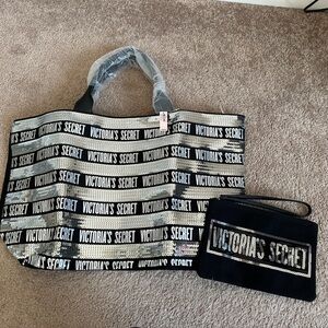 Victoria's Secret Black & Silver Sequin Logo Tote with Wristlet Set